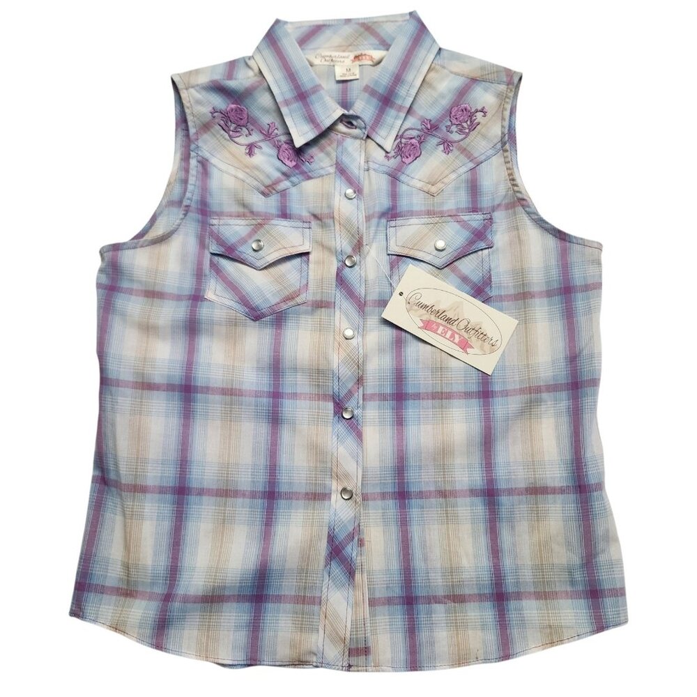Ely Cattleman Girls Plaid Western Snap Shirt with Purple Floral Embroidery